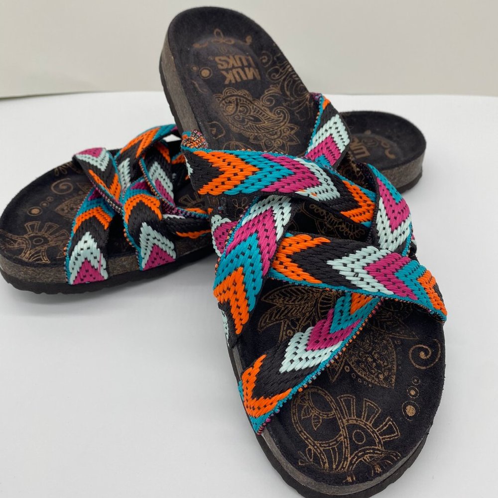 NEW Muk Luks Slip-on Sloan Slide Sandals Multicolor Bands Across Top Shoe SZ 10